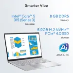 ASUS Vivobook 15 X1504MA-BQ832WS Laptop, Intel Core 5 315, 8GB DDR5 RAM, 512GB PCIe 4.0 SSD, 15.6-inch FHD Display, Windows 11 Home, Cool Silver