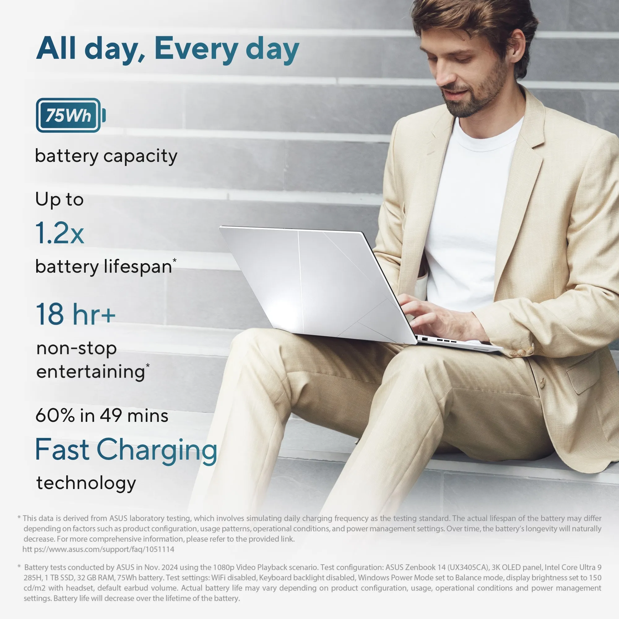 ASUS Zenbook 14 UX3405CA-QL1507WS Laptop, Intel Core Ultra 5 225H, 16GB LPDDR5 RAM, 512GB PCIe 4.0 SSD, 14-inch OLED Touchscreen, Windows 11 Home, Foggy Silver Laptop